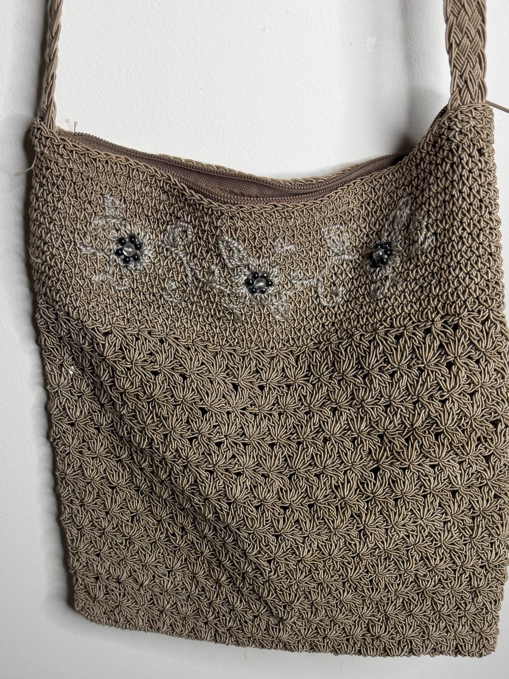 Handwoven Taupe Crochet Shoulder Bag with Floral Bead Accents